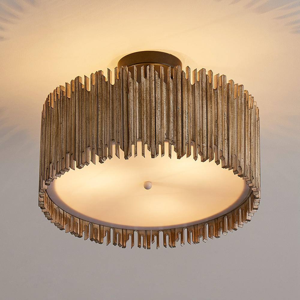 15.5 in. 3-Light Black Farmhouse Semi-Flush Mount With Wood Shade - Hercitys