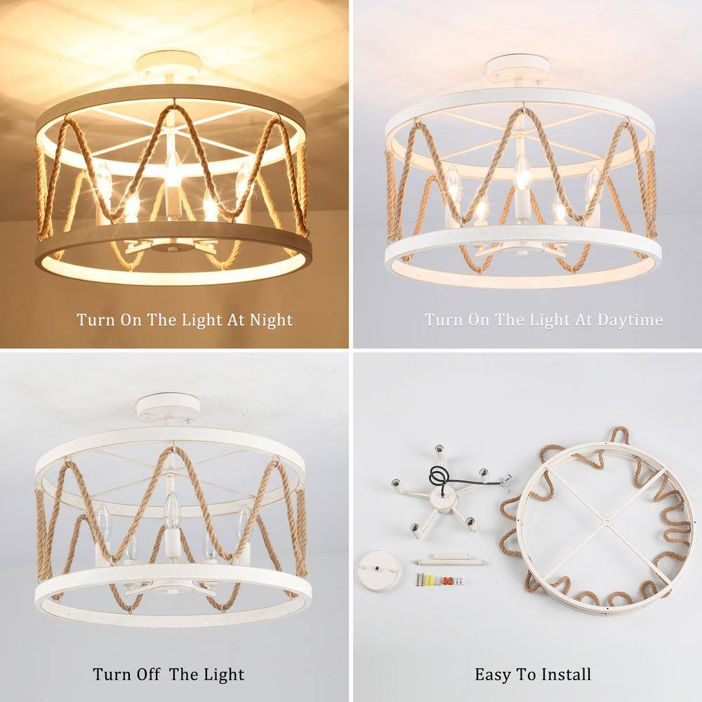 19.68 in. 5-Light White Drum Metal Hemp Rope Semi-Flush Mount Light，No Bulbs Included - Hercitys