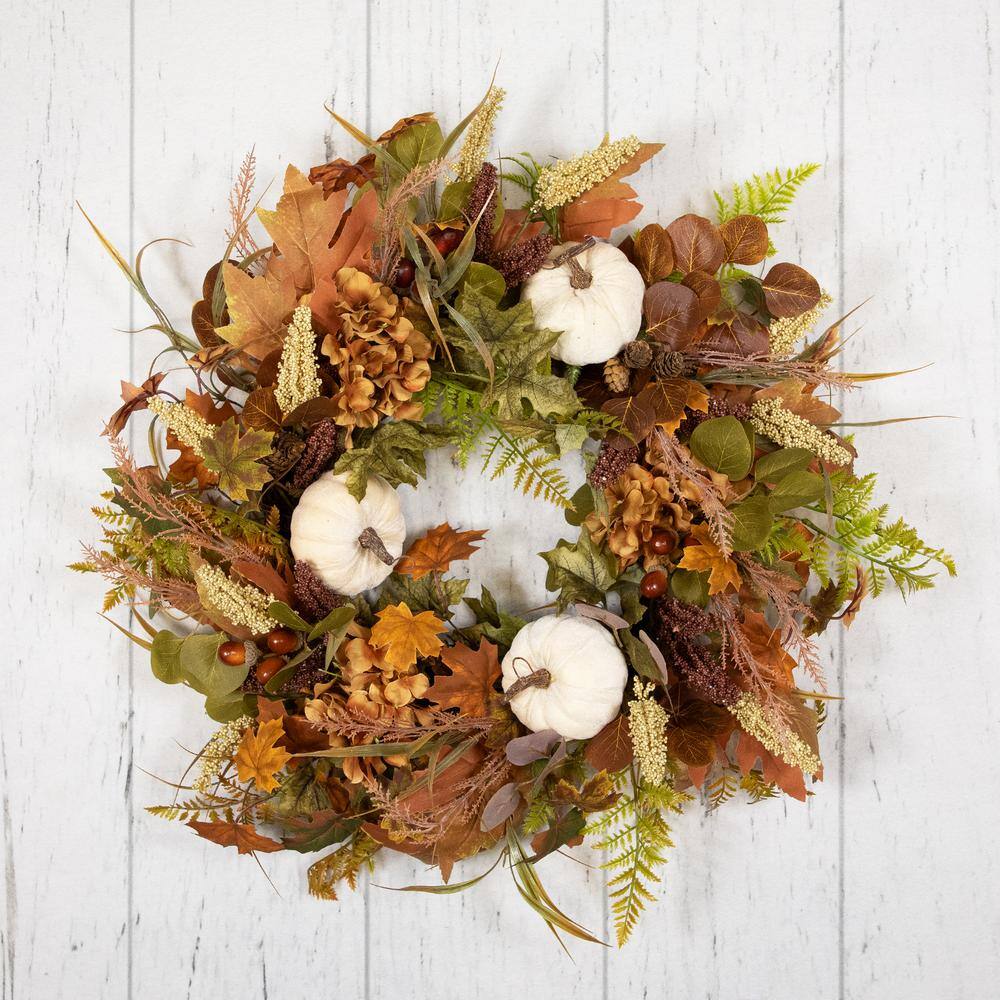 26 in. Unlit Pumpkins and Leaves Artificial Fall Harvest Wreath - Hercitys