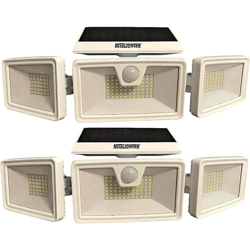 3-Mode Solar-Powered Motion-Activated LED Flood Light, Outdoor Spotlight w/ Daylight Sensor, 3 Adjustable Lamps (2-pack) - Hercitys