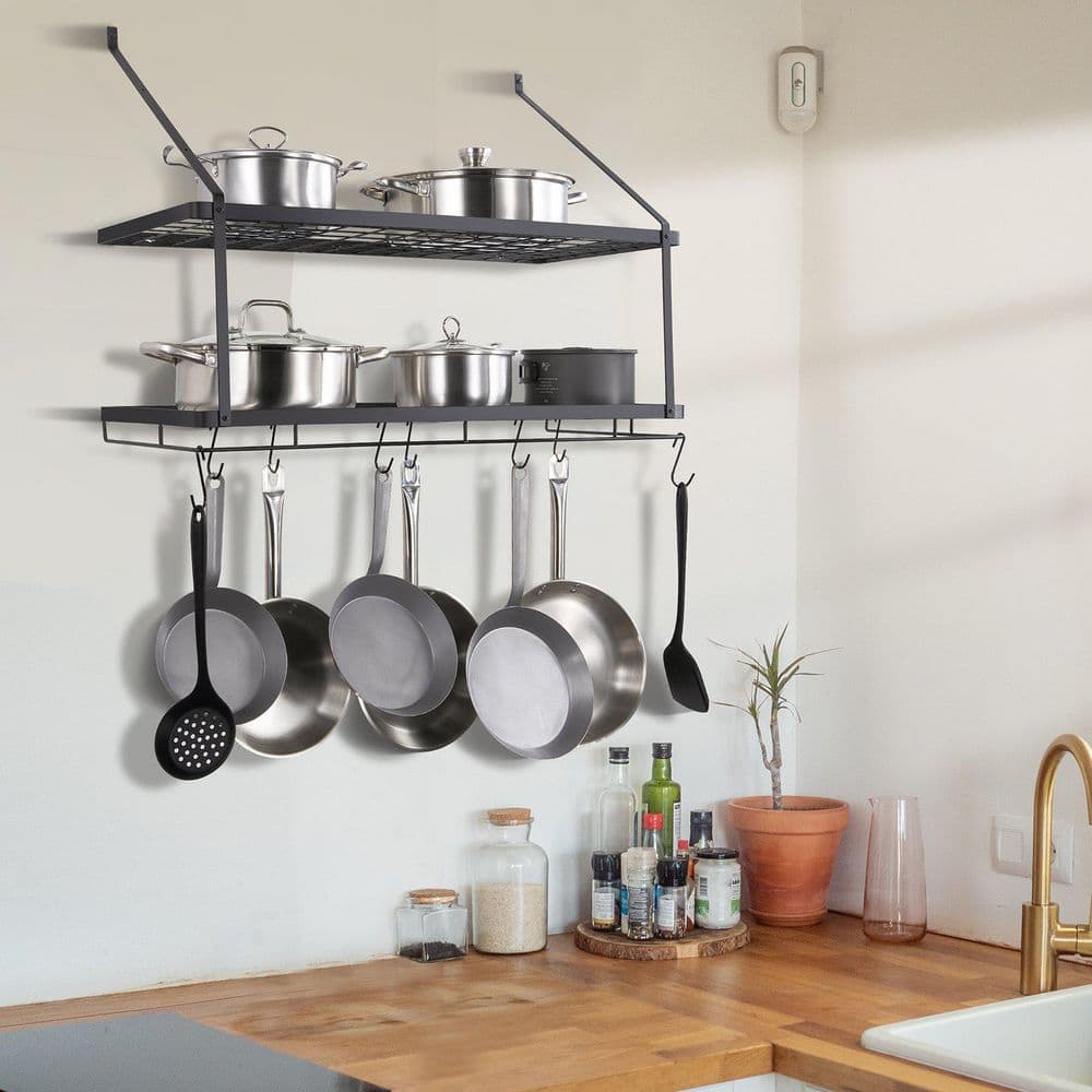 30 in. Black Wall Mounted Pot Rack with 12 S Hooks, 2-Tier Pot and Pan Hanging Rack - Hercitys