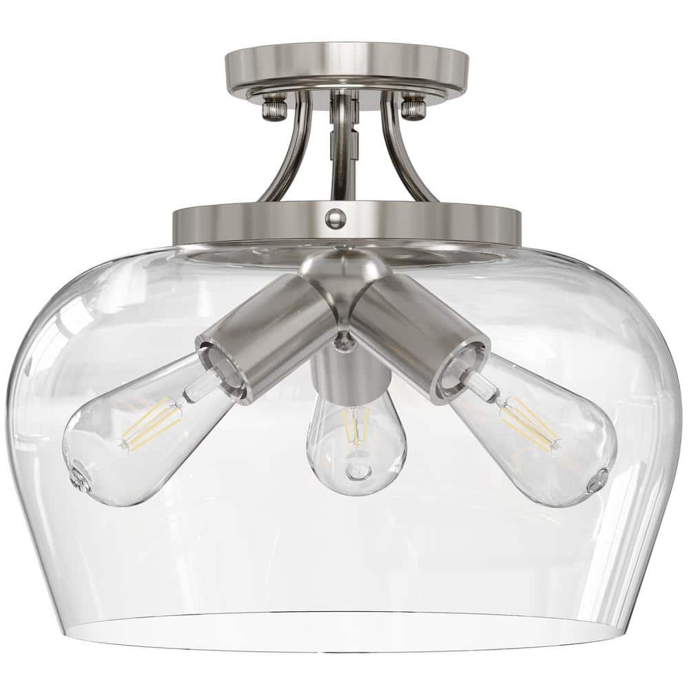 3-Light Blushed Nickel Semi Flush Mount Ceiling Light with Glass Shade - Hercitys