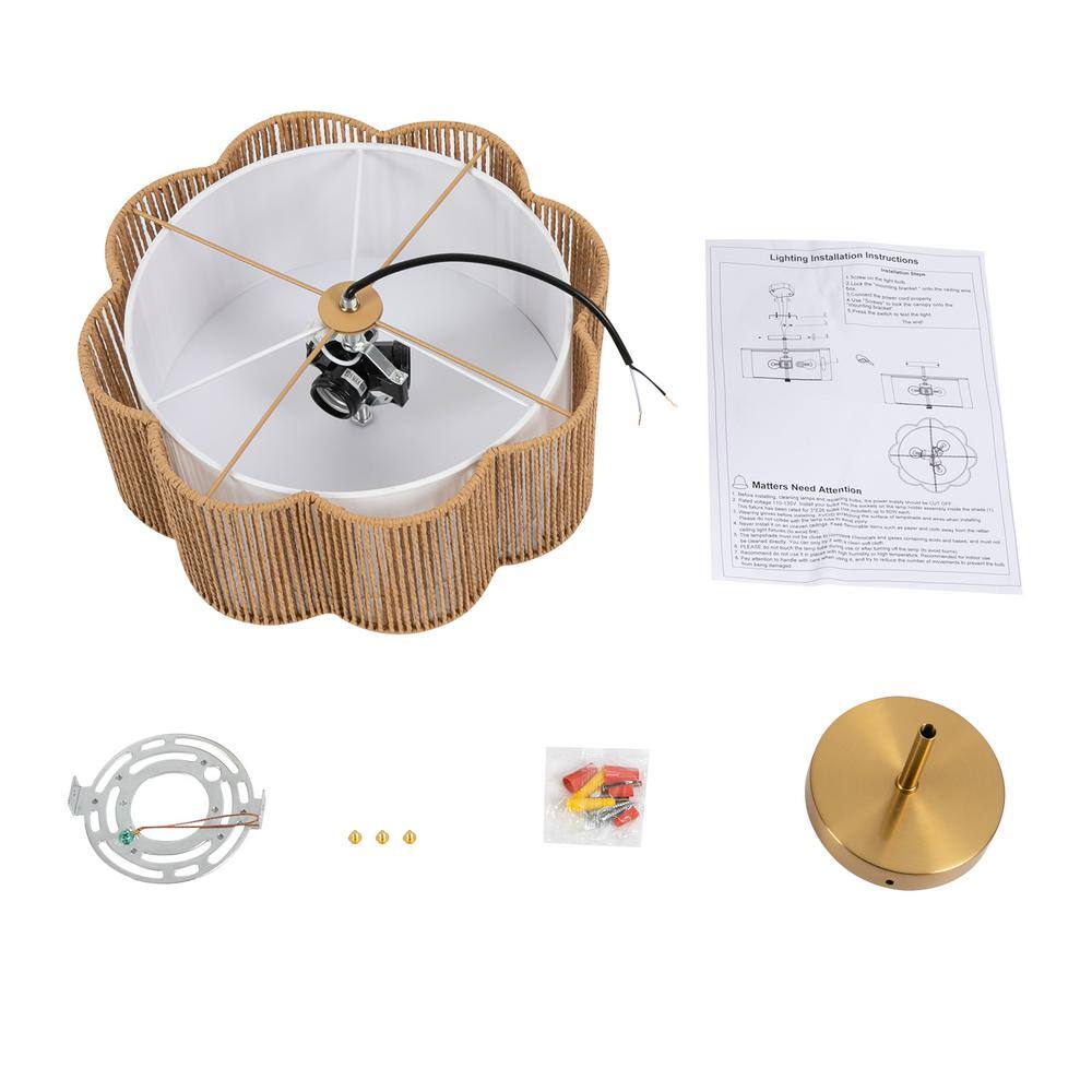 13.4 in. 3-Light Gold Rustic Semi-Flush Mount Ceiling Light with Woven Rattan Shade and No Bulbs Included - Hercitys