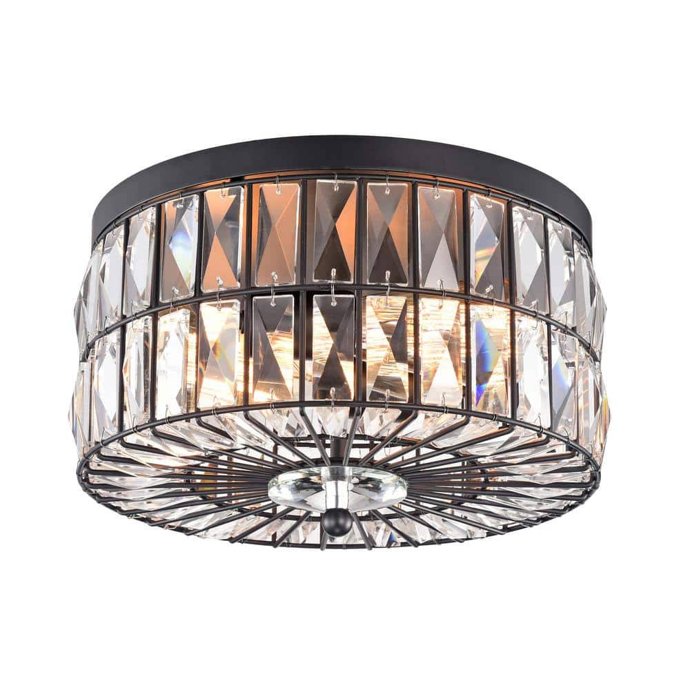 11.75 in. 2-Light Black Ceiling Flush Mount Light with Crystal Glass - Hercitys
