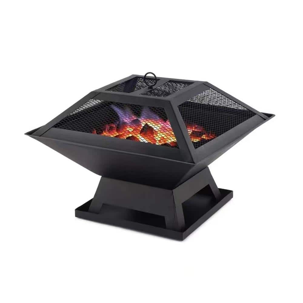 20 Inch Outside Portable Metal Wood Burning Fire Pit Square Fire Pits & Outdoor Fireplaces for Patio, Camping, Black - Hercitys