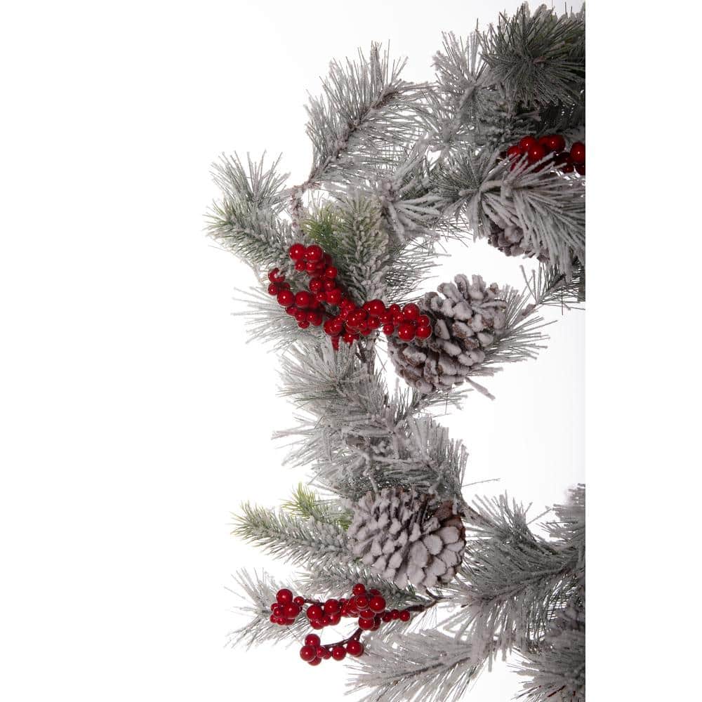 24 inch Unlit Christmas Garland Flocked Pine Berry and Pinecone Wreath - Hercitys