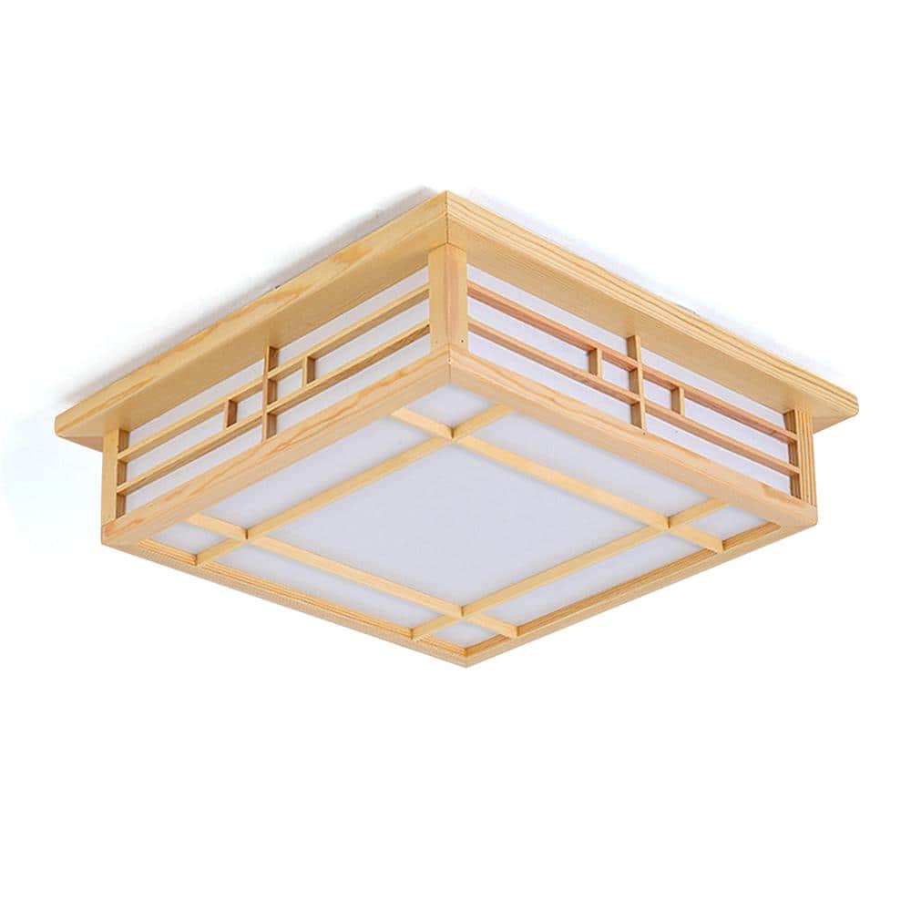17.72 in. Wood Japanese Square Integrated LED Flush Mount Selectable Ceiling Light with Remote, for Bedroom Living Room - Hercitys