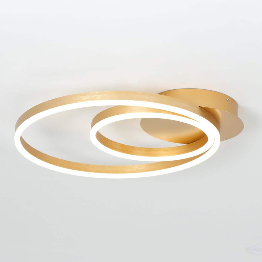 22 in. 2-Light Brush Gold Rings LED Semi-Flush Mount for Bedroom Hallway 3000K Dimmable - Hercitys