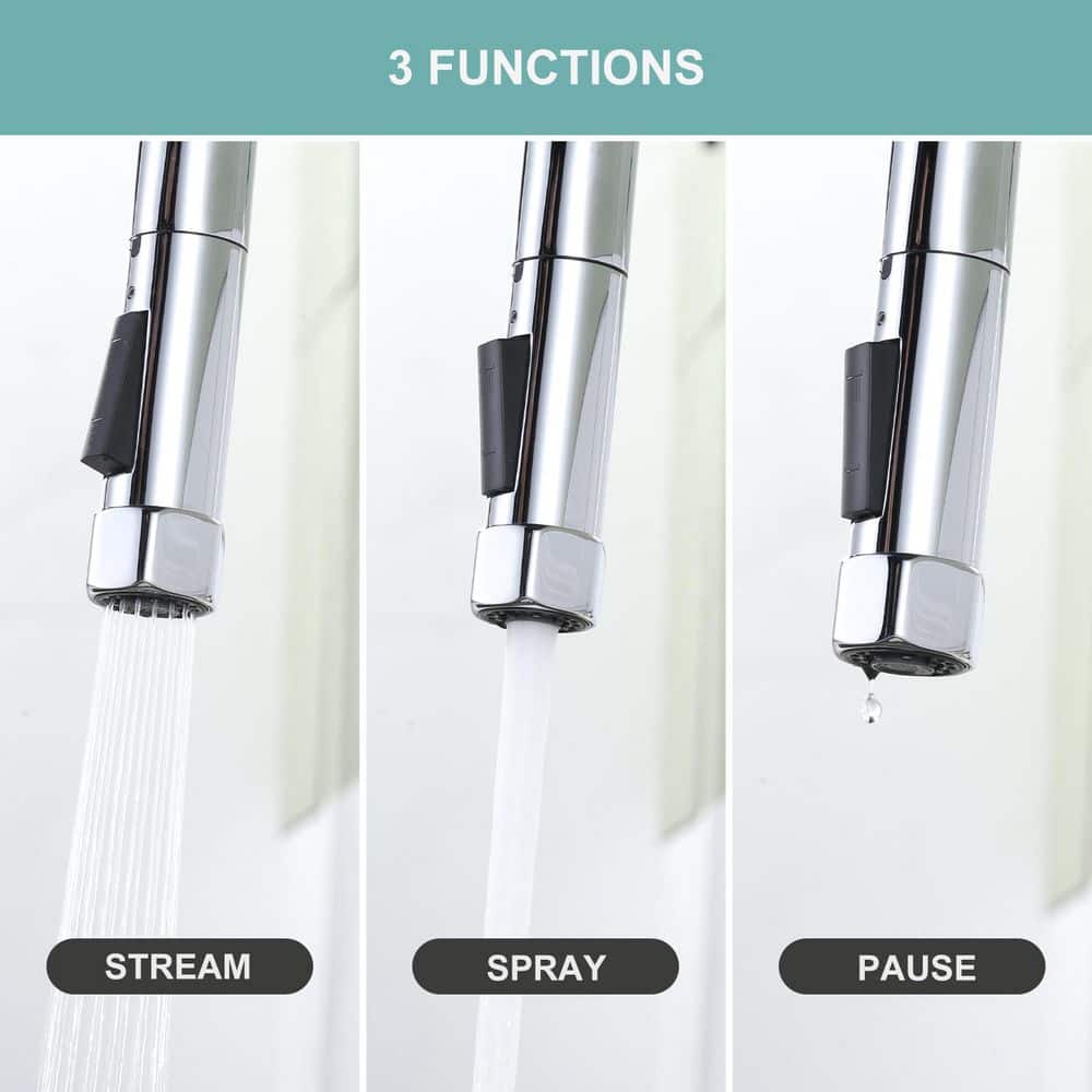 3 Holes Double Handle Brass Bridge Kitchen Faucet with Pull Down Sprayer and Supply Lines in Polished Chrome - Hercitys