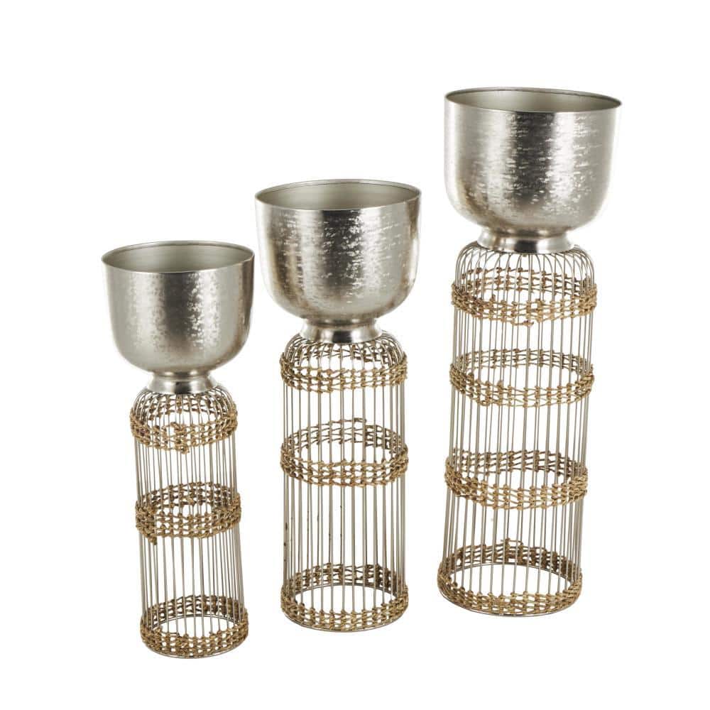32 in., 27 in. and 24 in. Extra Large Silver Metal Textured Dome Planter with Seagrass and Caged Pedestal Base (3- Pack) - Hercitys