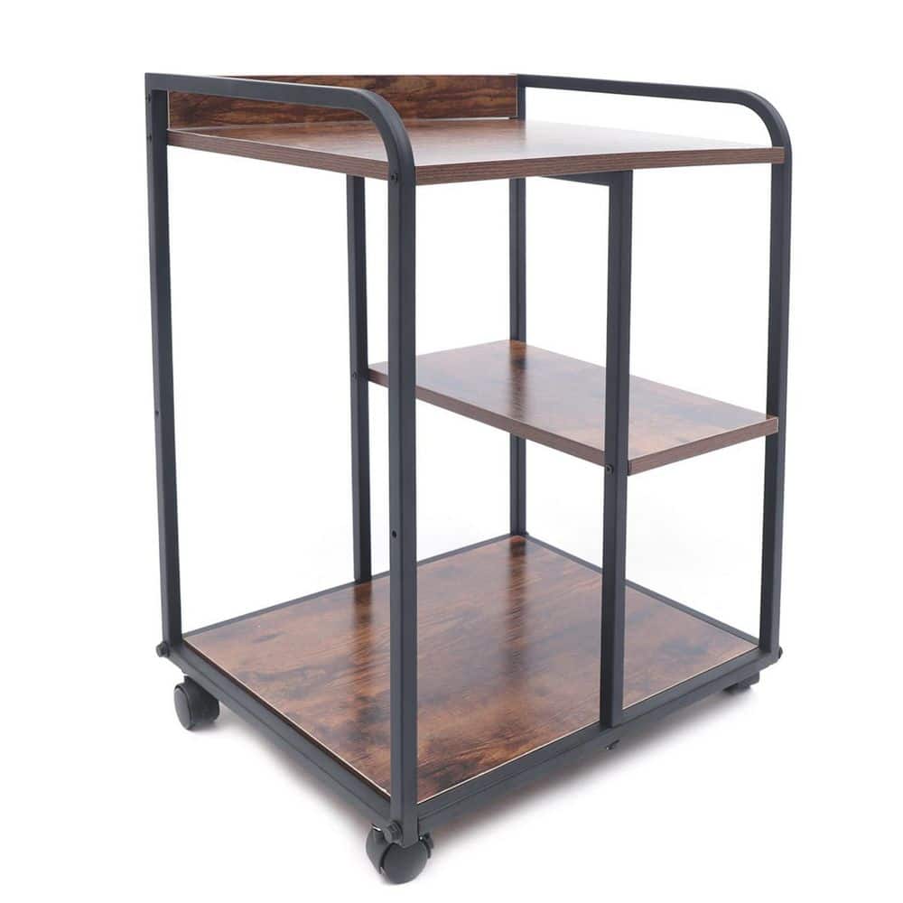 3-Shelf Iron Frame Wood 4-Wheeled Under Desk Printer Stand Cart in Walnut Color - Hercitys