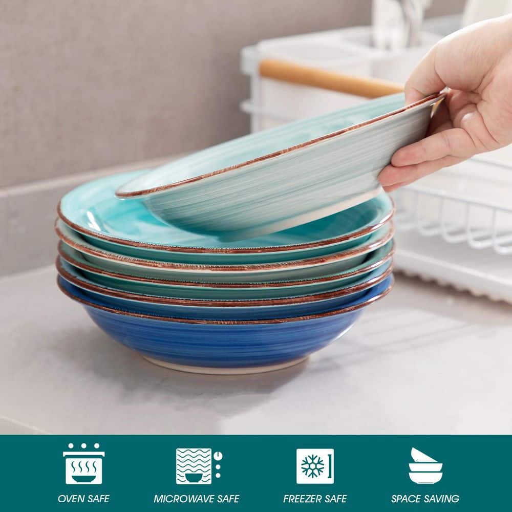 27 fl. oz. Multi-Blue Stoneware Soup Bowl (Set of 6), Pasta Bowl Set Noodle Bowl Soup Plates Serving Bowls - Hercitys