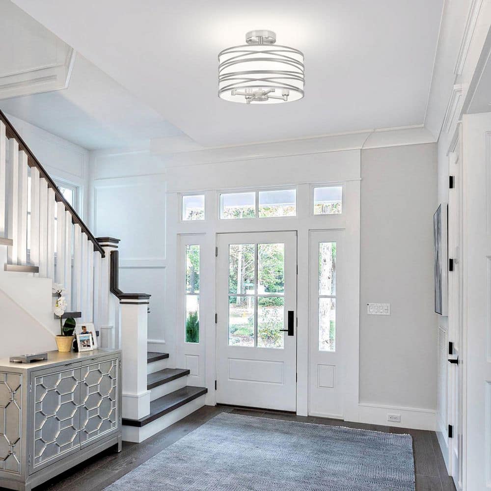 12.99 in. 4-Light Modern Silver Metal and Fabric Drum Semi Flush Mount Ceiling Light Fixture - Hercitys