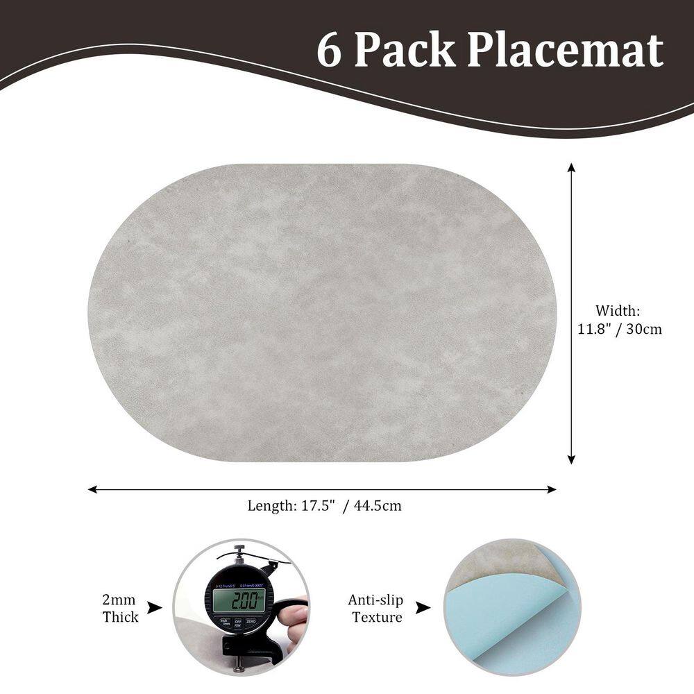 11.8 in. W x 17.5 in. H Light Grey Oval Leather Heat Resistant Waterproof Placemats (Set of 6) - Hercitys