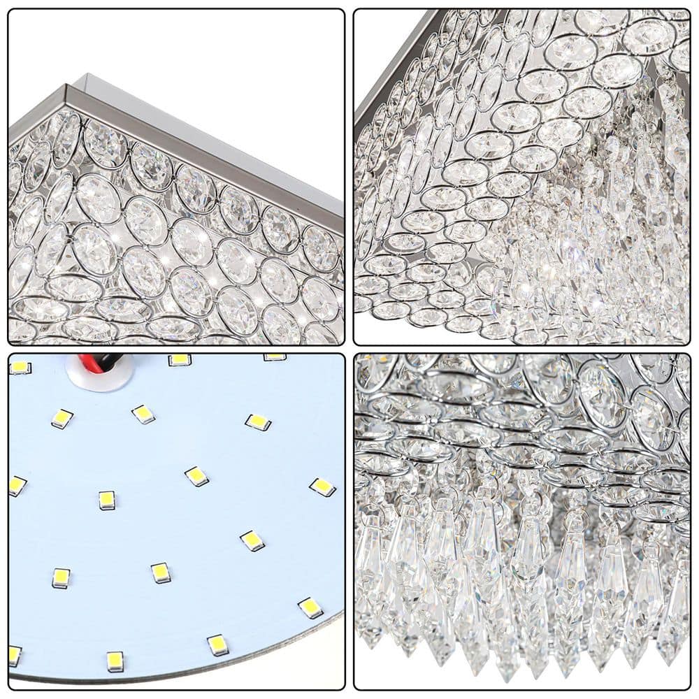 15 In. 18-Watt Modern Silver Integrated LED Flush Mount Lighting with Crystal Glass Shade Bedroom Ceiling Light - Hercitys