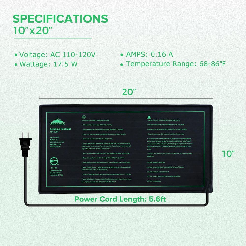10 in. x 20 in. Durable Waterproof Seedling Heat Mat - Hercitys