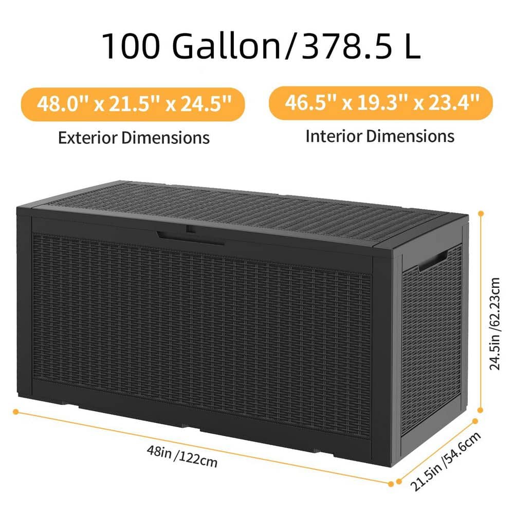 100 Gal. Large Plastic Rattan Deck Box with Gas Pressure Spring in Black - Hercitys