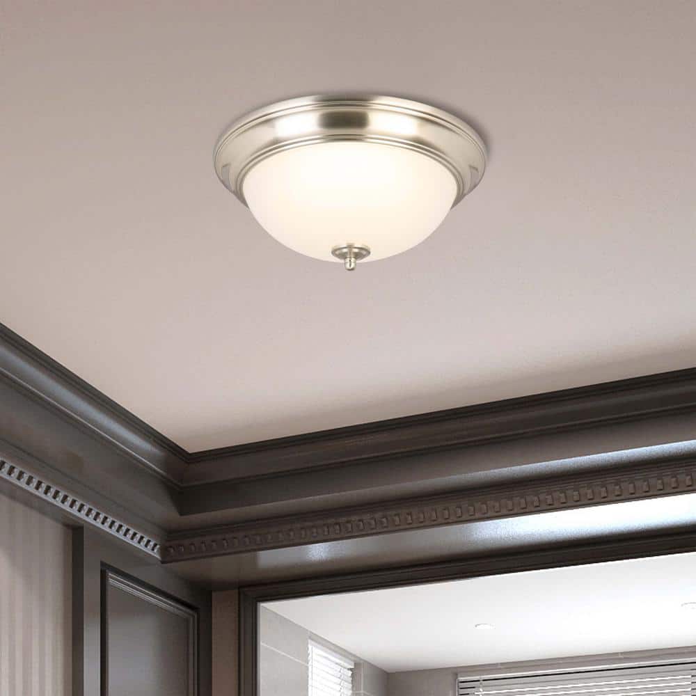 13 in. 180-Watt Equivalent Brushed Nickel Integrated LED Flush Mount with Frosted Glass Shade (2-Pack) - Hercitys