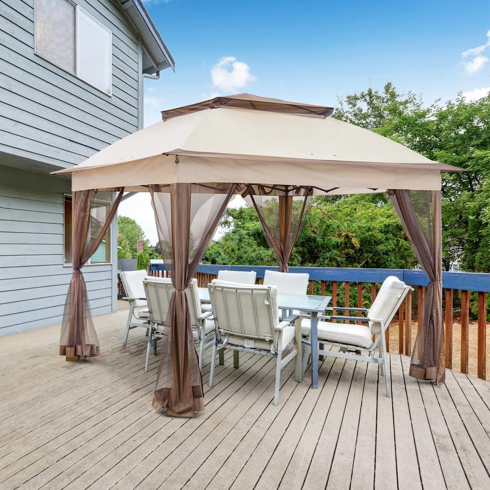 11 ft. x 11 ft. Pop-Up Gazebo Shelter with Screen Wall Panels Instant Outdoor Tent, Tan - Hercitys