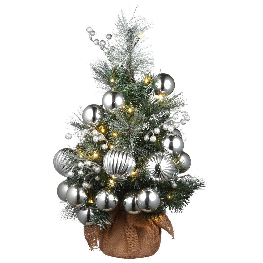 2 ft. Frosted Silver Pine Small Tree w/Silver Balls, Silver Berries and 35 Warm White Battery Operated LEDLights w/Timer - Hercitys