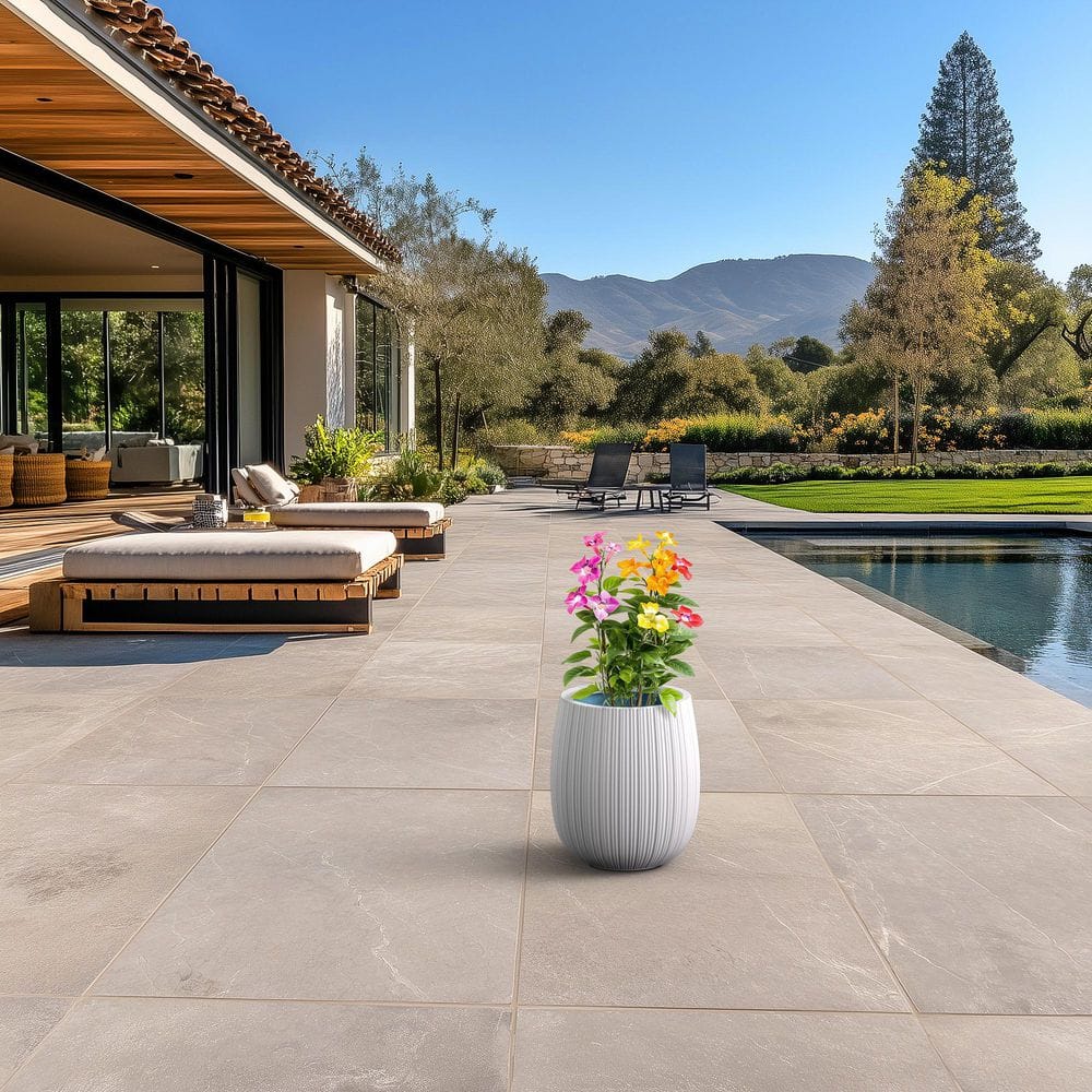 13 in. Middle Crisp White(Premium Inner) Concrete Round Planter/Pot with Drainage Holes - Hercitys