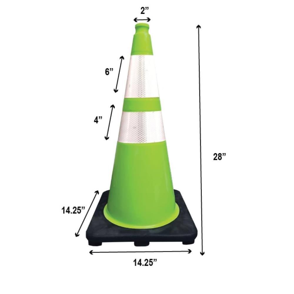 28 in. Lime Green Traffic Cone with Black Base and 4 in. and 6 in. Reflective Collars 7 lbs. - Hercitys