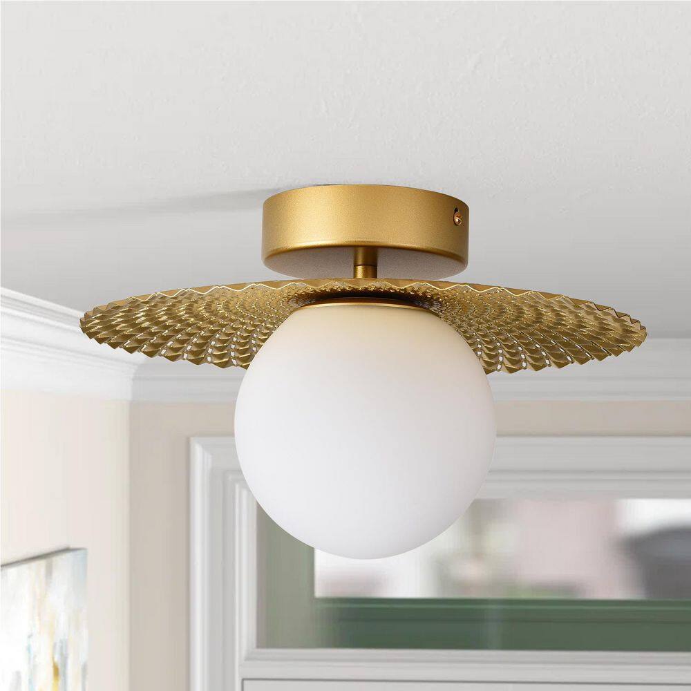 12.6 in. 1-Light Golden Diffuser Semi-Flush Mount Ceiling Light with Metal Pleated Shade and White Glass Shade - Hercitys
