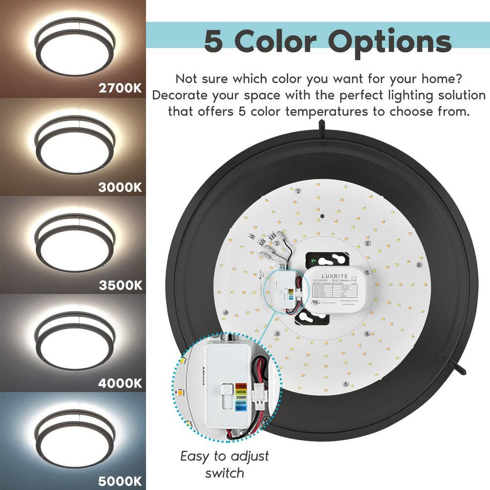 24-Watt 16 in. 1920 Lumens Matte Black 5 Color Selectable LED 2700K-5000K Flush Mount Dimmable Fixture - Hercitys