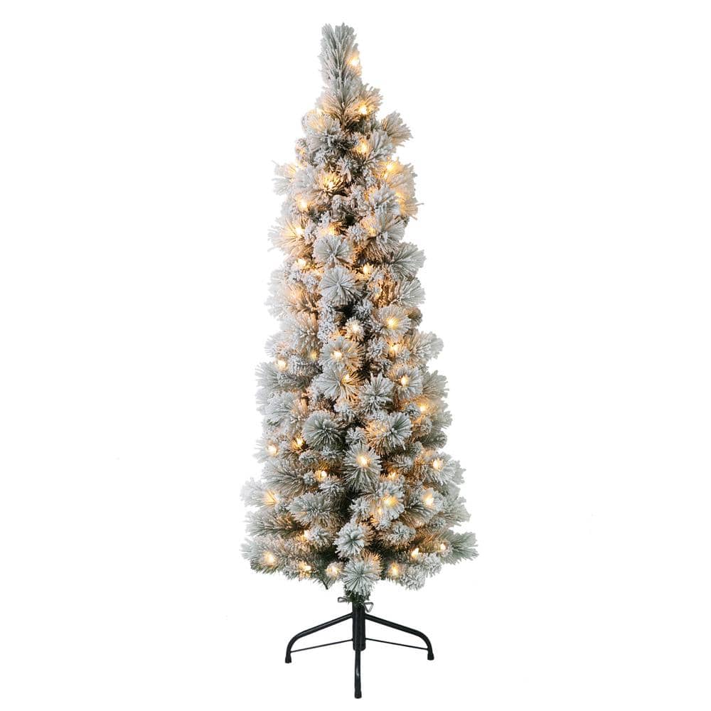 4.5 ft. Prelit Flocked Portland Pencil Artificial Christmas Tree with 100 UL-Listed Clear Lights - Hercitys