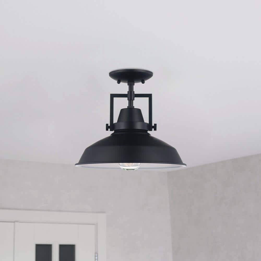 12 in. 1-Light Black Industrial Farmhouse Semi-Flush Mount Ceiling Light Fixture with Metal Shade - Hercitys