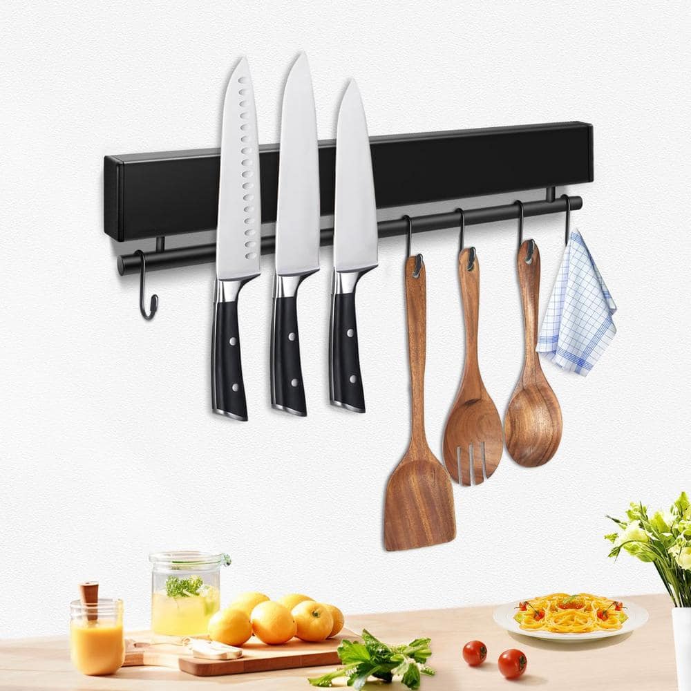5-Knife 12 in. Stainless Steel Magnetic Knife Holder with 5 Hooks, Black Knife Magnetic Strip, Magnetic Knife Bar - Hercitys