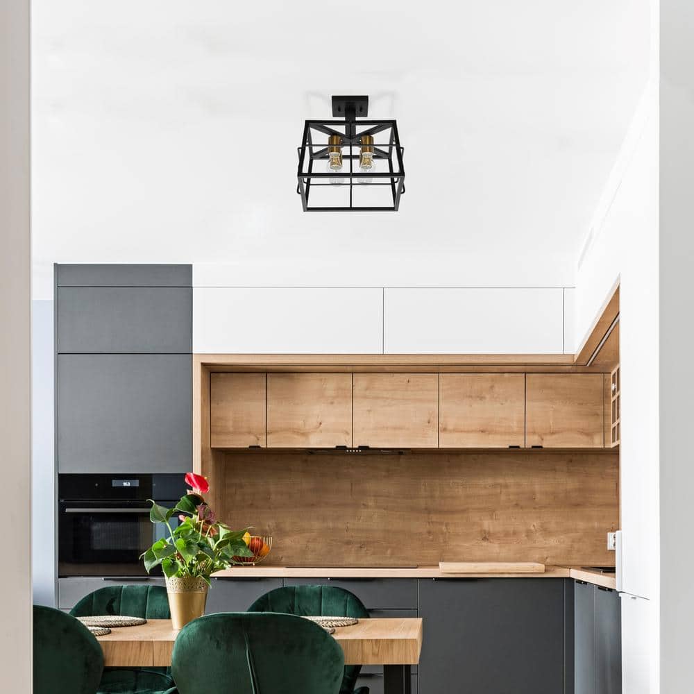 12.4 in. 4-Light Black Semi Flush Mount Fixture Industrial Farmhouse Caged Square Metal Frame Ceiling - Hercitys