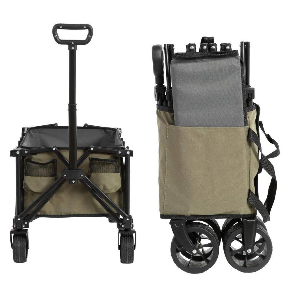 5.87 cu. ft. Army Green Fabric Folding Wagon Cart, Heavy Duty Garden Cart with All-Terrain Wheels and Adjustable Handle - Hercitys