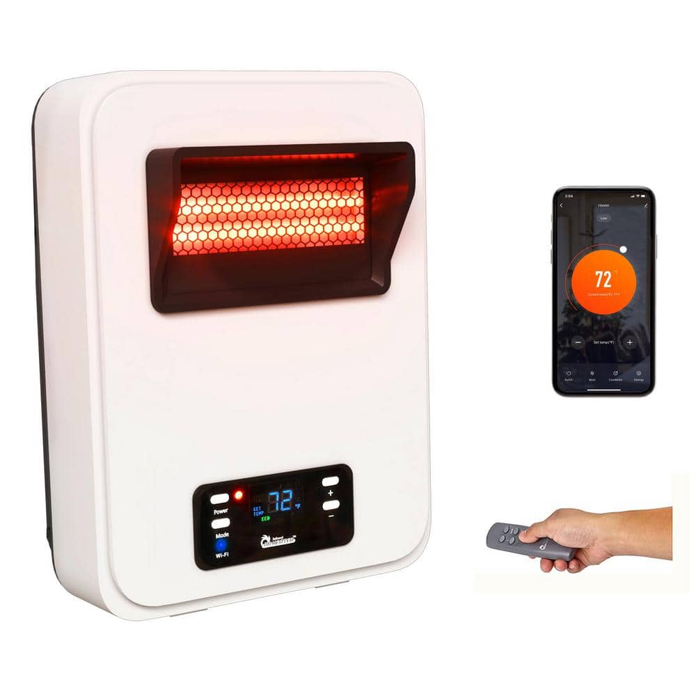 1500-Watt White Wall Hung or Wall Mount Electric Compact Space Heater Dual System w/ Infrared and Fan Forced, WiFi, RC - Hercitys