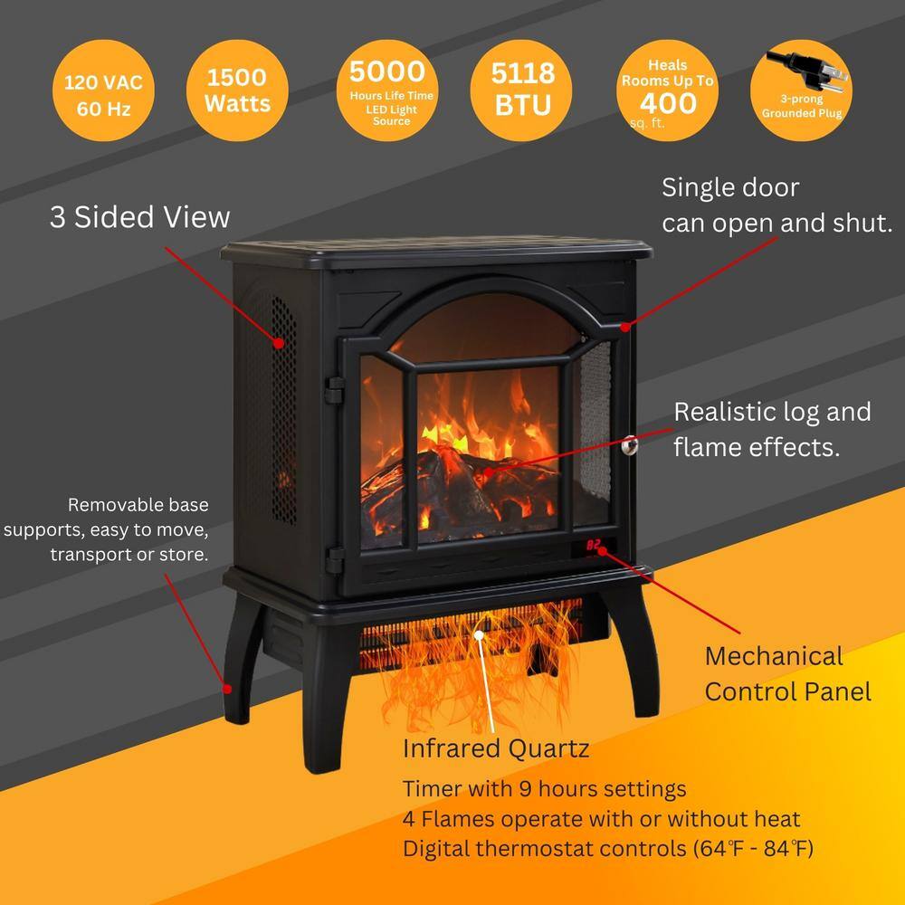 1500-Watt Antique Black 3D Electric Infrared Quartz Space Heater Stove with Remote Control and Auto Shut Off - Hercitys