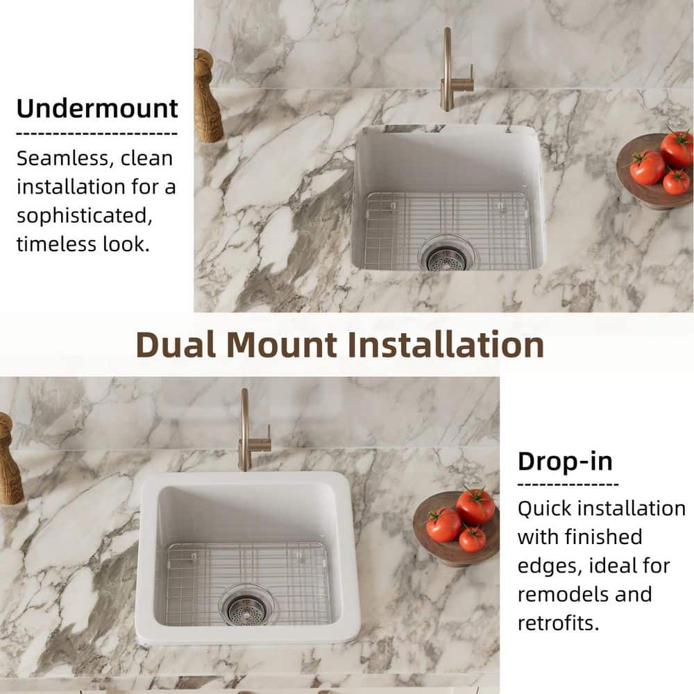 18 in. White Undermount Kitchen Sink, Dual Mount Square Fireclay Sink, Deep Single Bowl with Grid and Drain Strainer - Hercitys