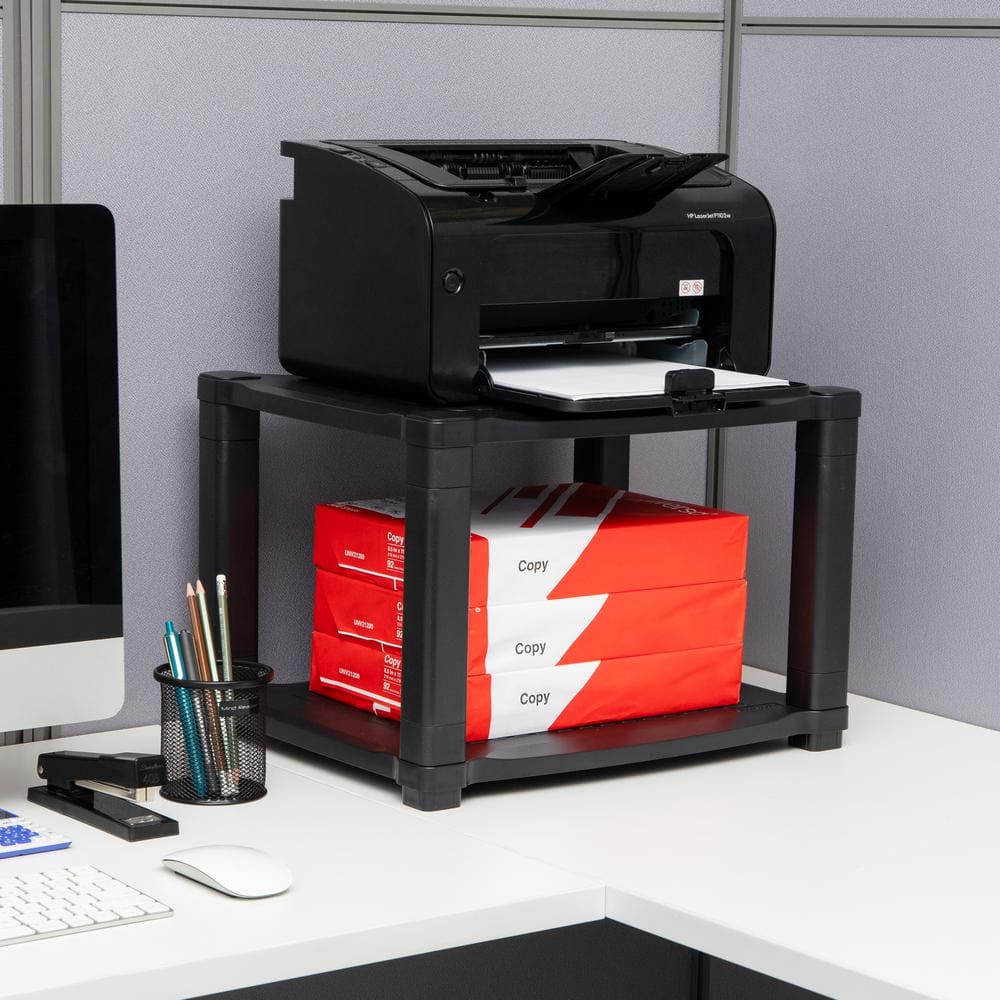 2-Tier Plastic 4-Wheeled Rolling Printer Utility Cart 17.25 in. L x 13.5 in. W x 14.25 in. H, Black - Hercitys