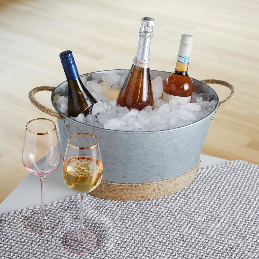 4.5 Gal. Seaside Jute Rope Wrapped Farmhouse Galvanized Ice Metal Beverage Tub, Wine, Beer Bottle Bucket - Hercitys