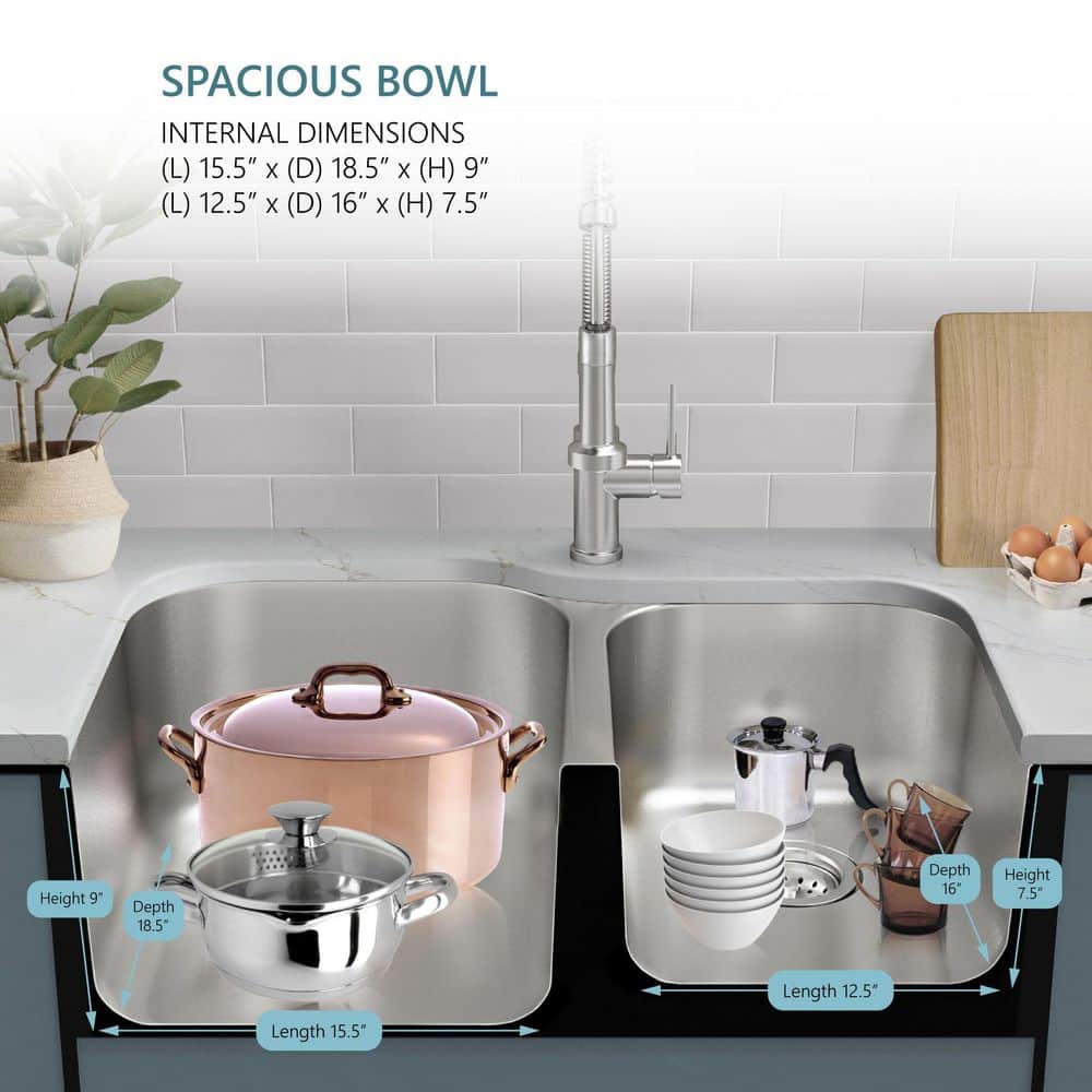 31.5 in. 40/60 Double Bowl Undermount 18 Gauge Stainless Steel Kitchen Sink - Hercitys