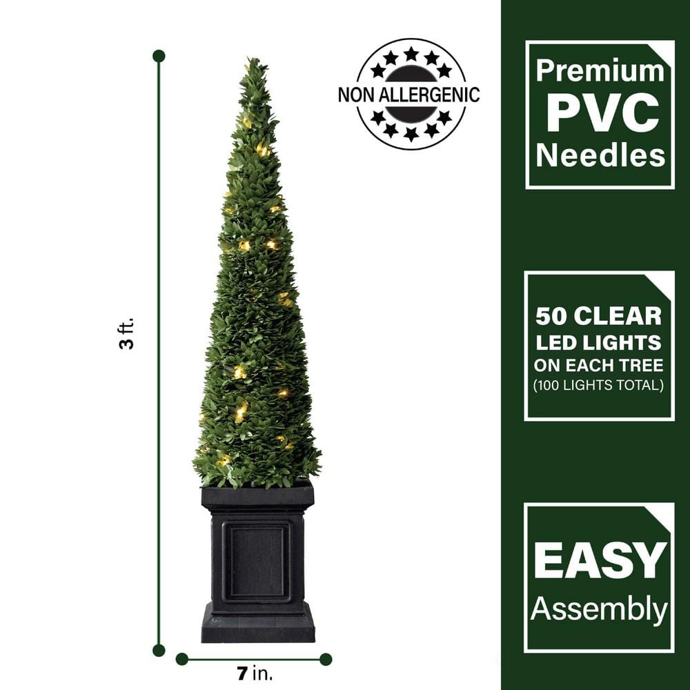 40 in. Christmas Boxwood Topiary Cones with Square Pots and Clear LED Lights (Set of 2) - Hercitys