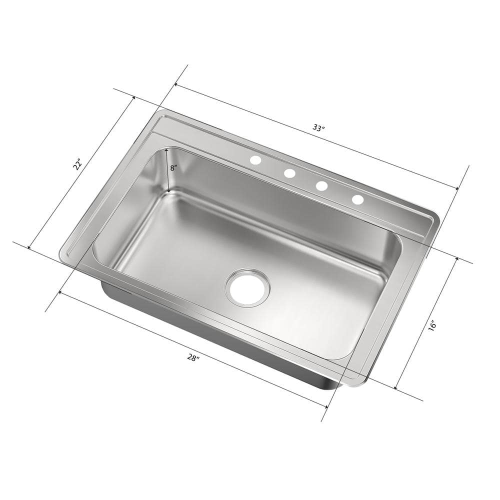 33 in. Drop-In Single Bowl 20-Gauge Stainless Steel Kitchen Sink with Bottom Grid - Hercitys