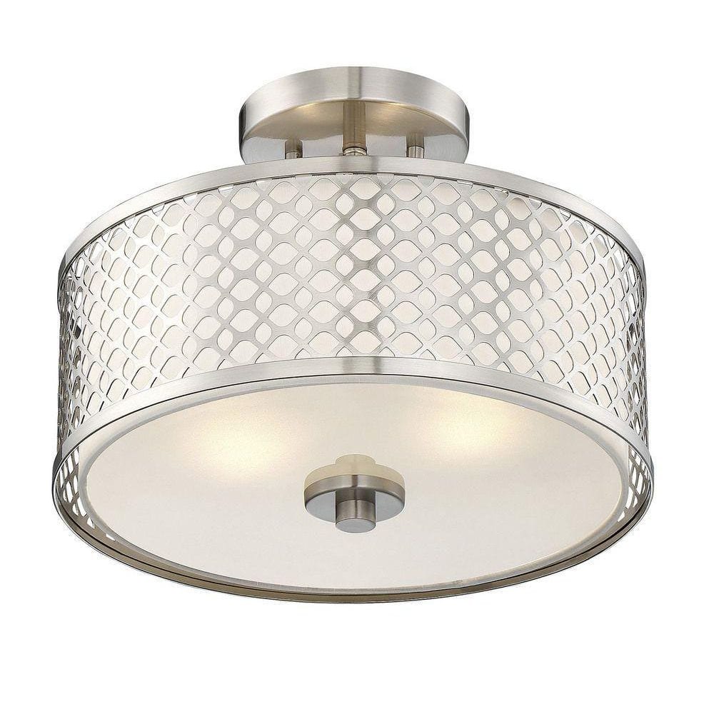 13 in. W x 10 in. H 2-Light Brushed Nickel Semi-Flush Mount with White Fabric Shade and Geometric Metal Frame - Hercitys