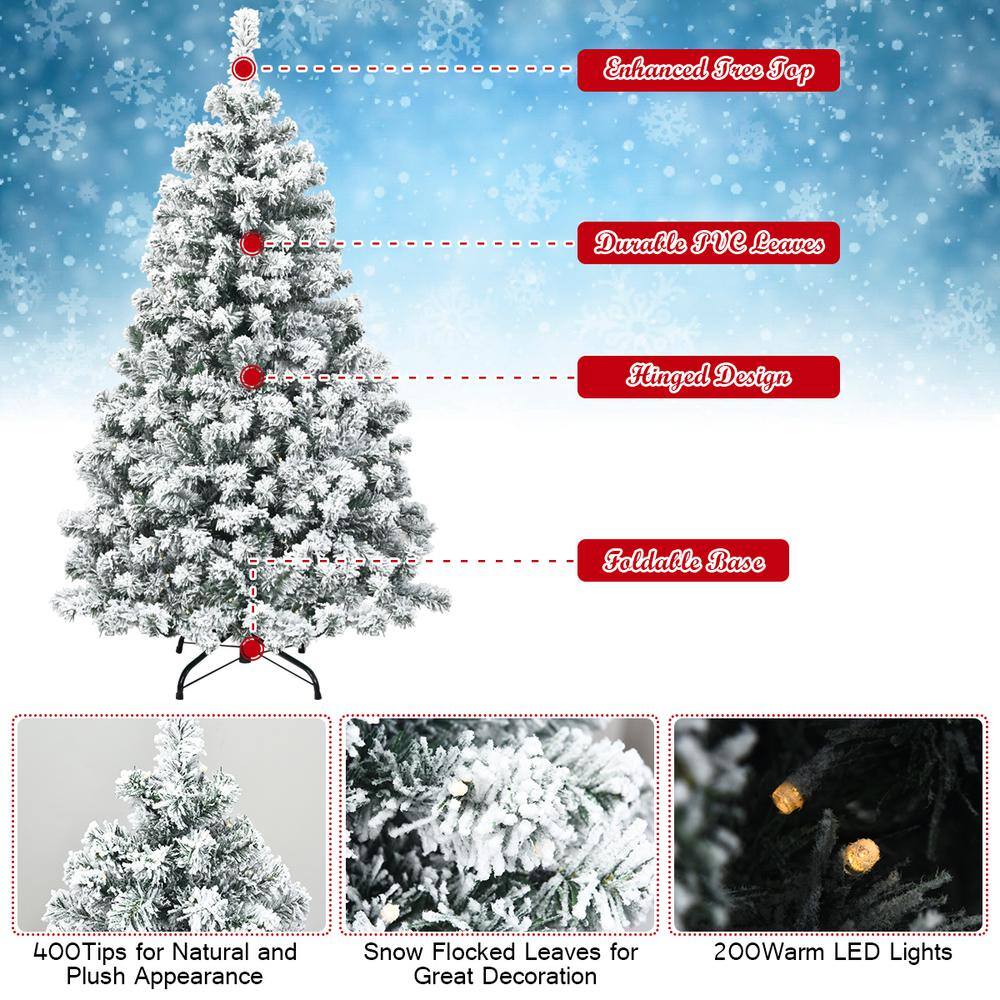 4.5 ft. Pre-Lit Snow Flocked Hinged Pine Artificial Christmas Tree with 200 Warm LED Lights - Hercitys