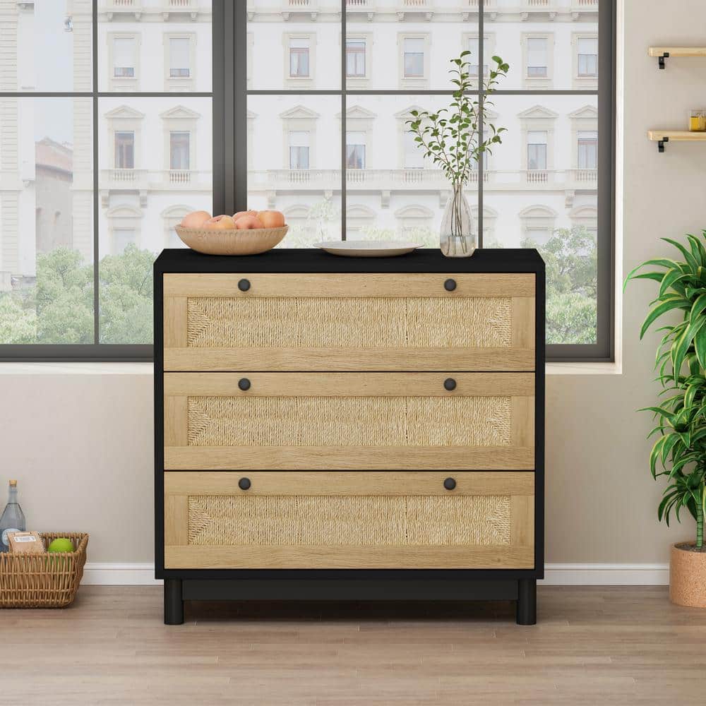 30.31 in. 3-Drawers Storage Cabinet Rope Woven Drawer, for Bedroom, Living Room, Dining Room, Hallways, Black - Hercitys