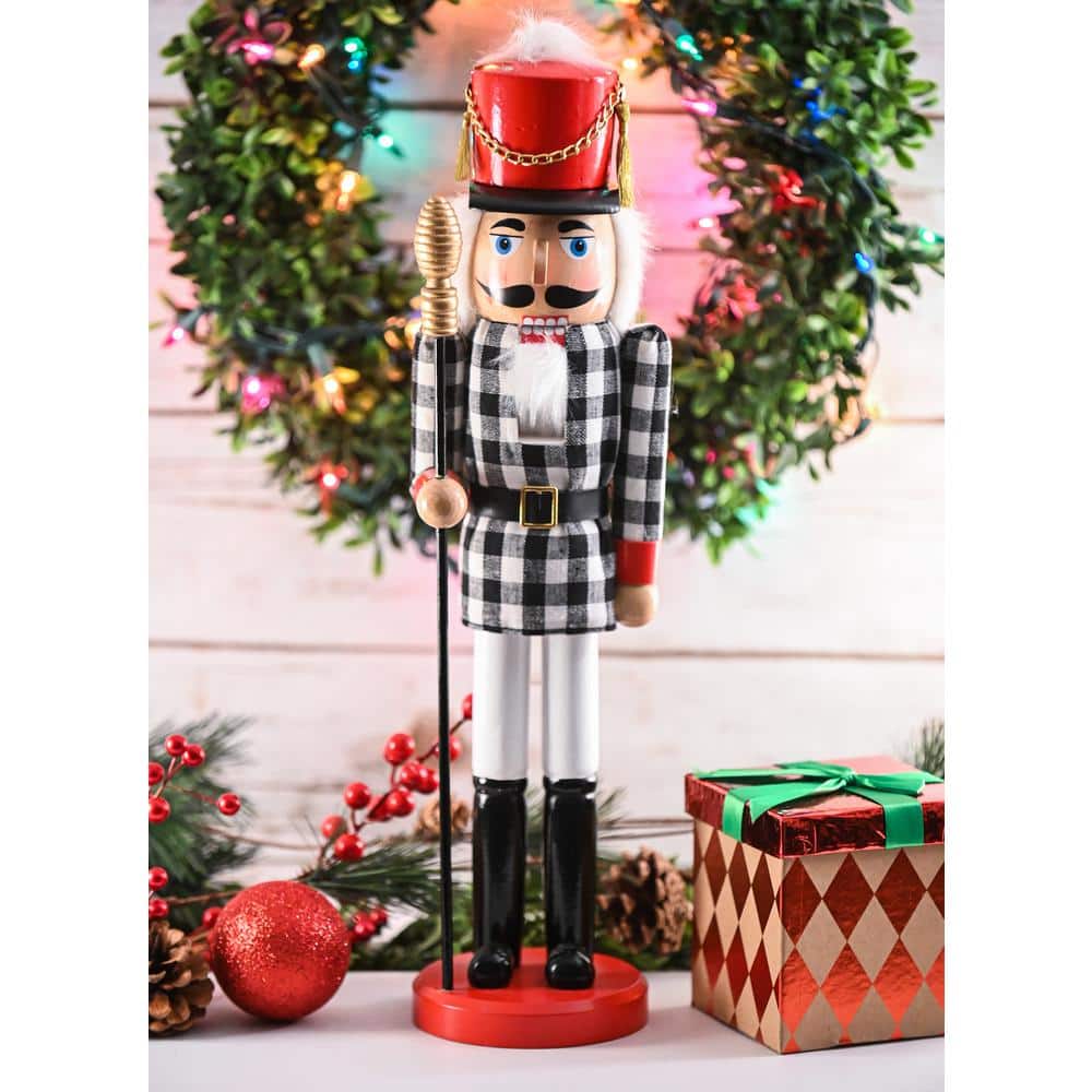 17 in. Wooden Christmas Checkered Soldier Nutcracker-Black and White Wooden Nutcracker Toy Soldier with Staff Holiday - Hercitys