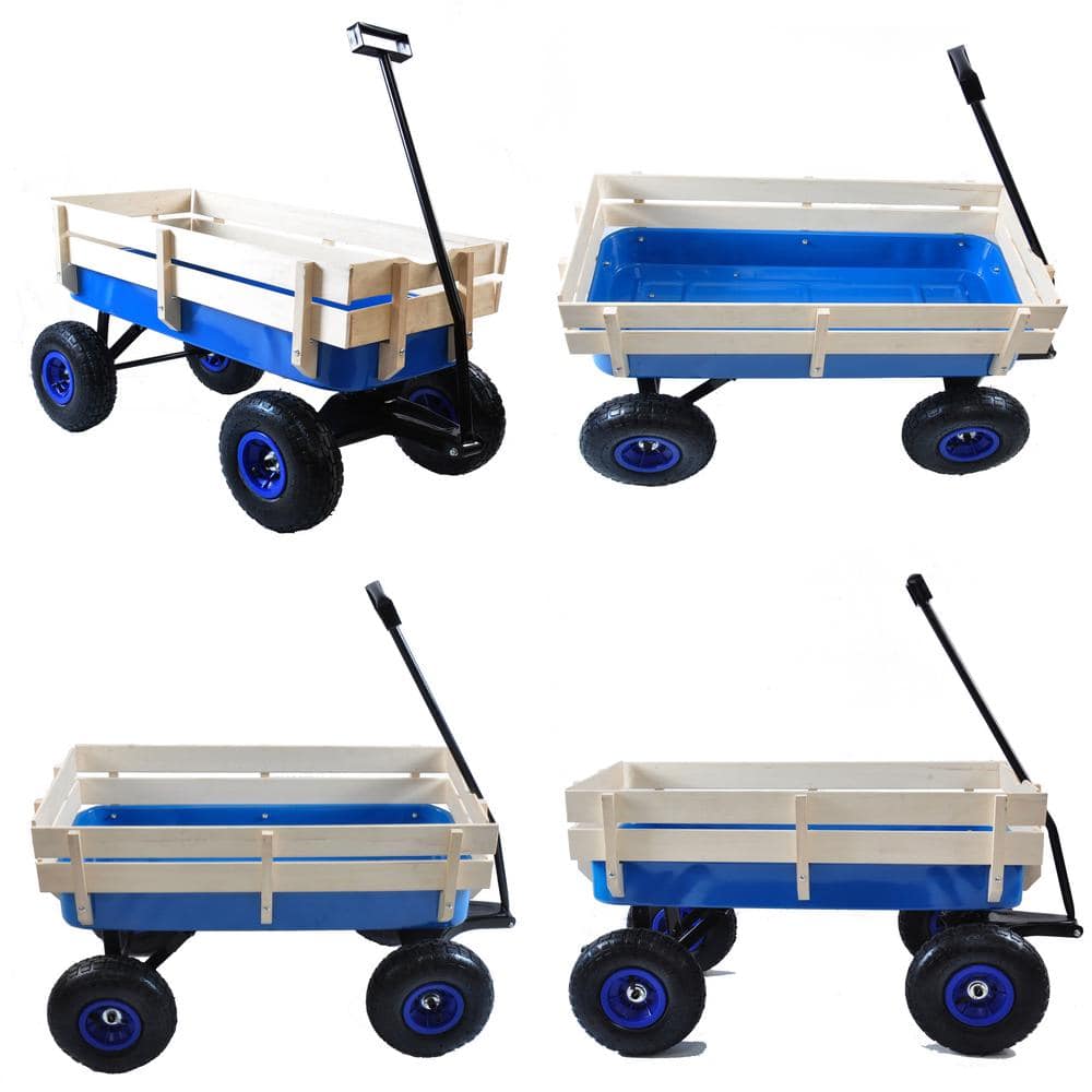 3 cu. ft. Wood and Steel Frame Wagon Heavy-Duty Push Hand Dump Garden Cart with Pneumatic Tires - Hercitys