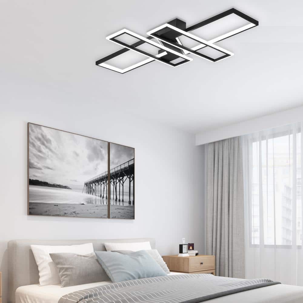 35.4 in. 1-Light Black Modern Geometric Dimmable Selectable LED Semi-Flush Mount Ceiling Light with Remote - Hercitys