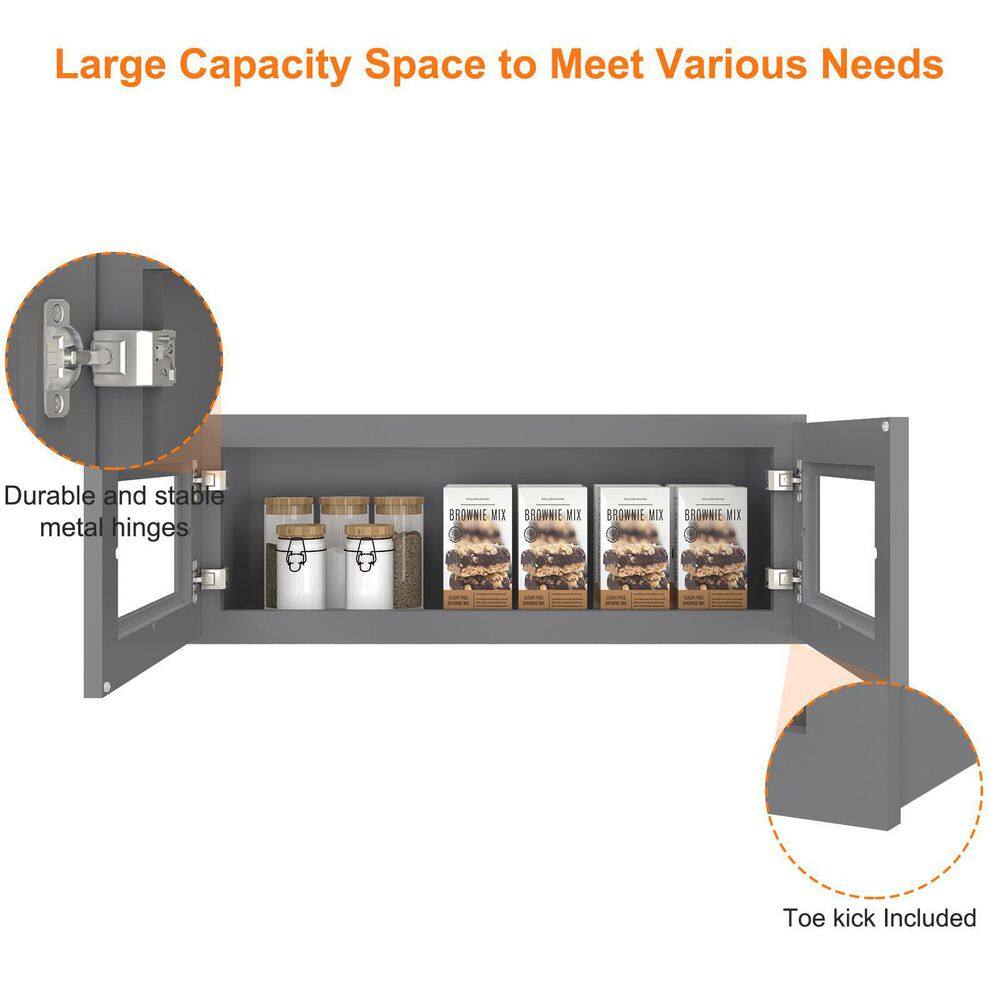 33-in W X 12-in D X 12-in H in Shaker Grey Plywood Ready to Assemble Wall Glass kitchen Cabinet - Hercitys