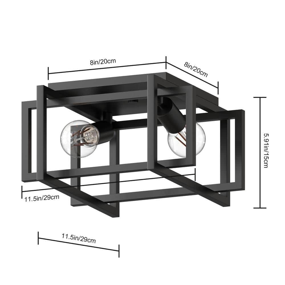 11.5 in. 2-Light Matte Black Square Frame Flush Mount Ceiling Light Fixture, Hallway Light Fixtures Ceiling - Hercitys