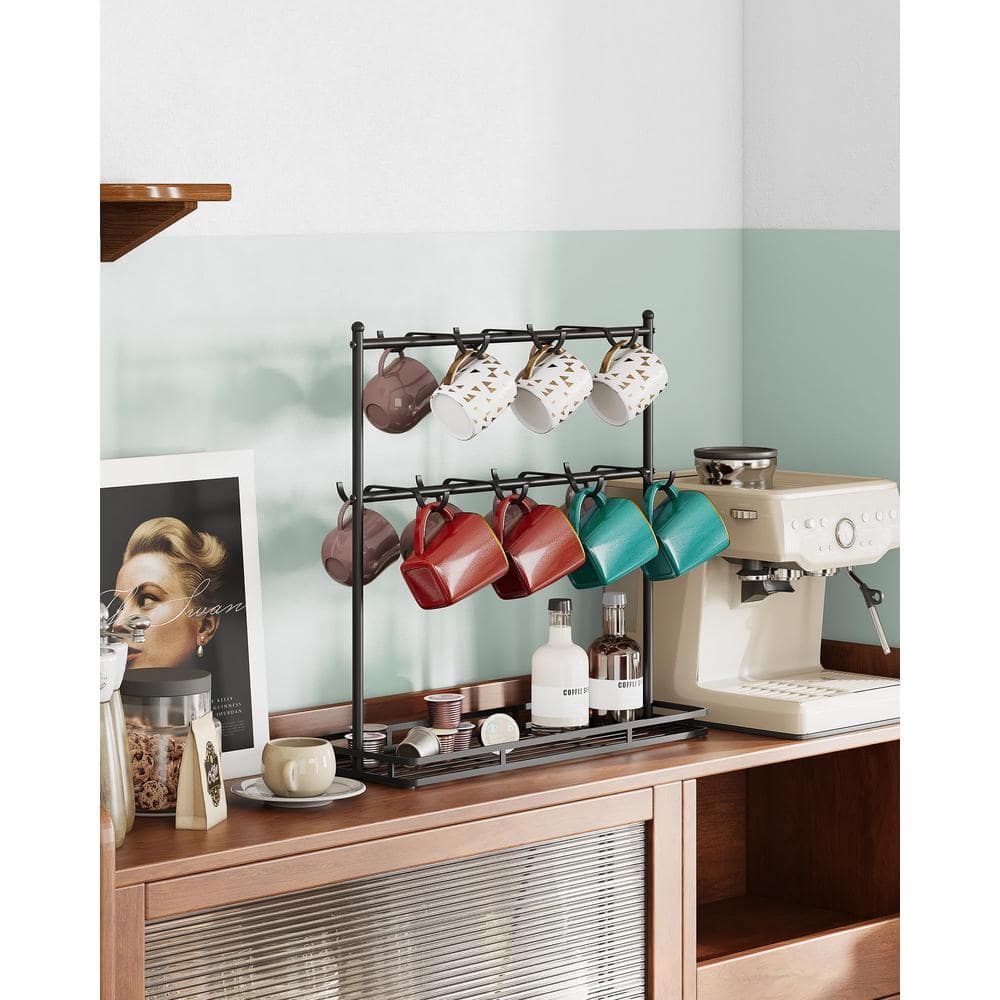 2-Tier Mug Display Stand with Heavy Duty Metal Base, 14-Hook Black Mug Tree Rack, Coffee Mug Holder for Countertop - Hercitys